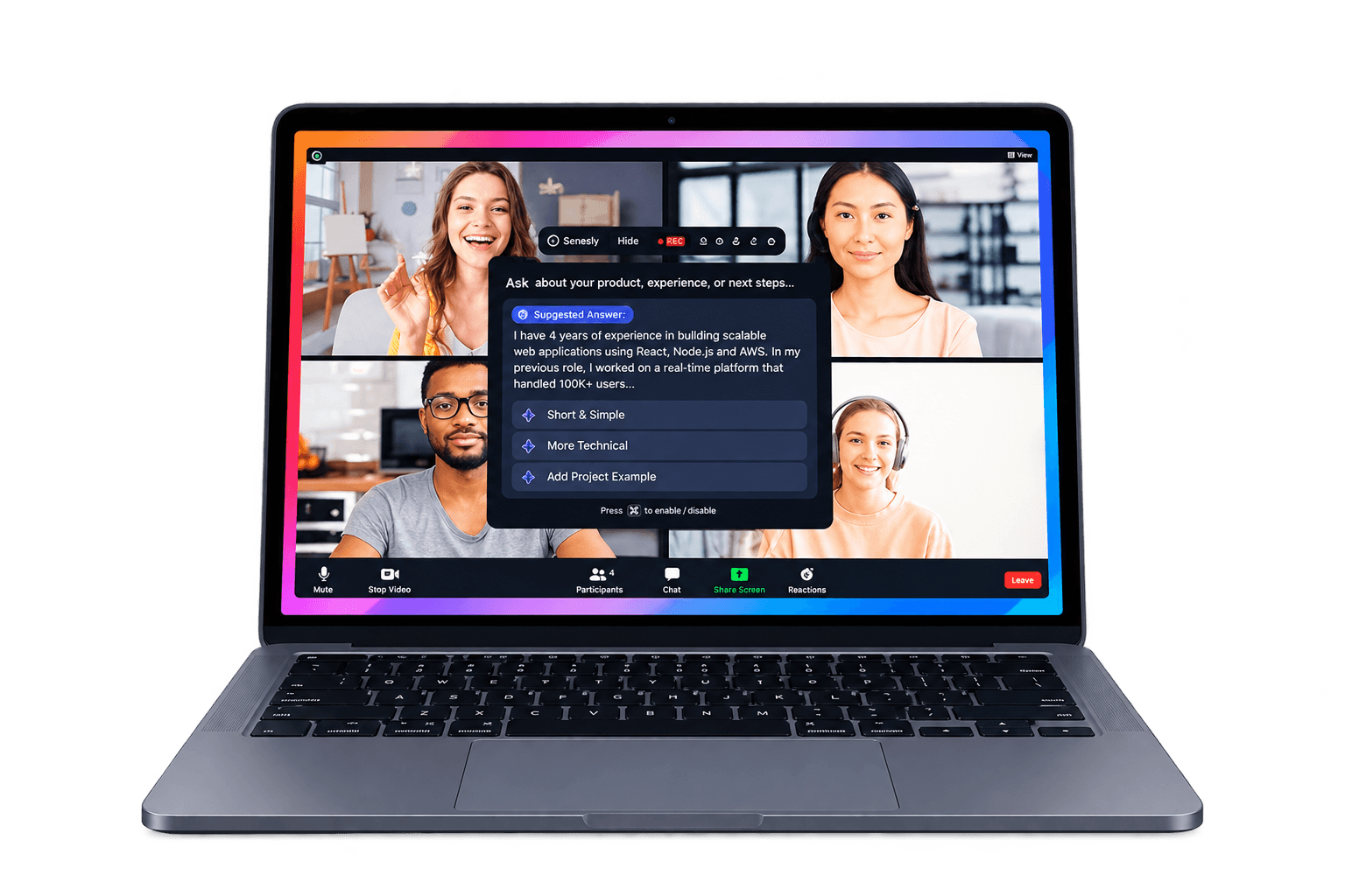 What you see: Senesly suggesting a live interview answer during a video call